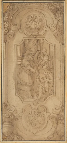 Design for a Cartouche with a Religious Subject in the Central Compartment by Taddeo Zuccaro, drawing, 1540-1609