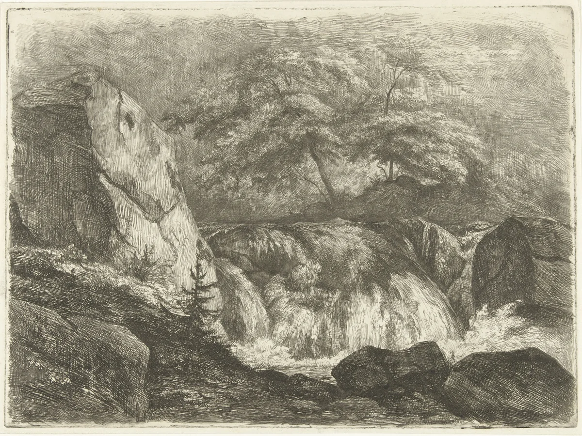 Rotslandschap met waterval by Pierre Louis Dubourcq, print, 1830-1858