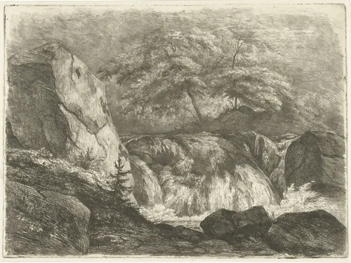 Rotslandschap met waterval by Pierre Louis Dubourcq, print, 1830-1858
