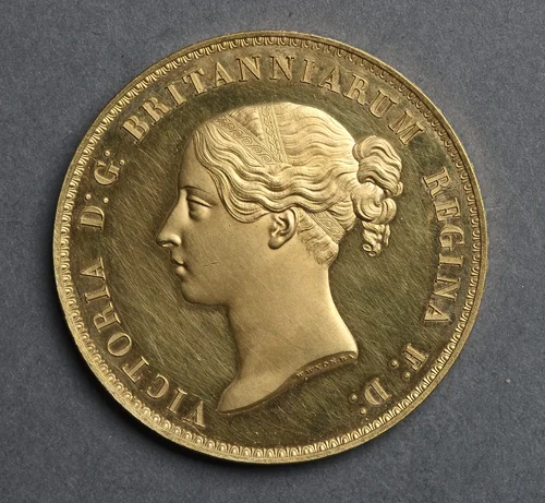Five Pound Piece: Portrait of Queen Victoria (obverse) by William Wyon, metalwork, 1839