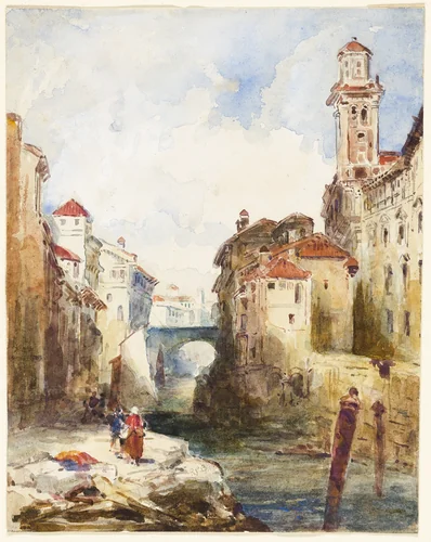 French Town, Buildings and River by Richard Parkes Bonington, painting, 1821-1828