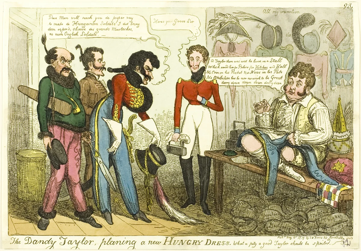 The Dandy Tailor, Planing a New Hungry Dress by Isaac Robert Cruikshank, print, 1819