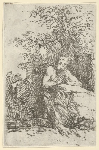 Praying male penitent in the wilderness by Salvator Rosa, print, 1635-1645
