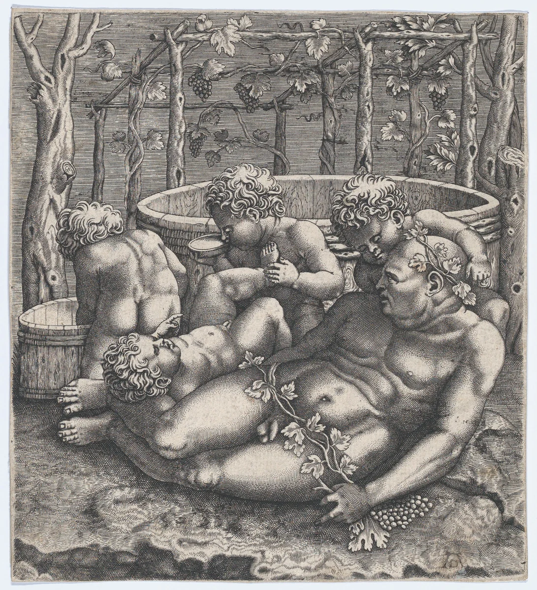 The drunken Silenus with putti by anonymous, print, 1510-1520