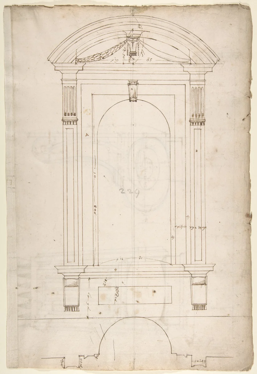 St. Peter's, apse, exterior niche details (recto) St Peter's, apse, exterior niche elevation and profile of scrolled console, elevation of column shaft (verso) by anonymous, drawing, 1500-1560