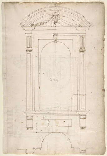 St. Peter's, apse, exterior niche details (recto) St Peter's, apse, exterior niche elevation and profile of scrolled console, elevation of column shaft (verso) by anonymous, drawing, 1500-1560
