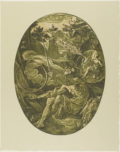 Demogorgon in the Cave of Eternity, plate one from Demogorgon and the Deities by Hendrick Goltzius, print, 1587-1591