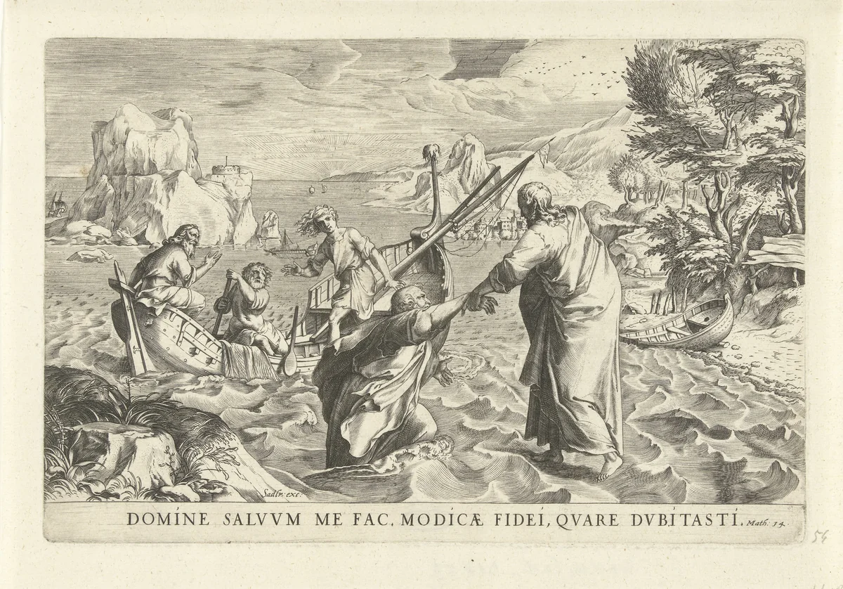 Christus loopt over het water en redt Petrus by anonymous, print, 1568-1618