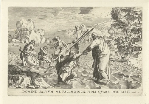Christus loopt over het water en redt Petrus by anonymous, print, 1568-1618