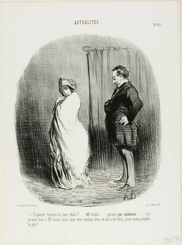 Marriage of "L'époque" and "Le Constitutionnel". Bilboquet: “- Honourable couple, I hereby unite you and bless you. Go and grow in format and may your almanacs multiply!,” plate 125 from Actualités by Honoré-Victorin Daumier, print, 1846