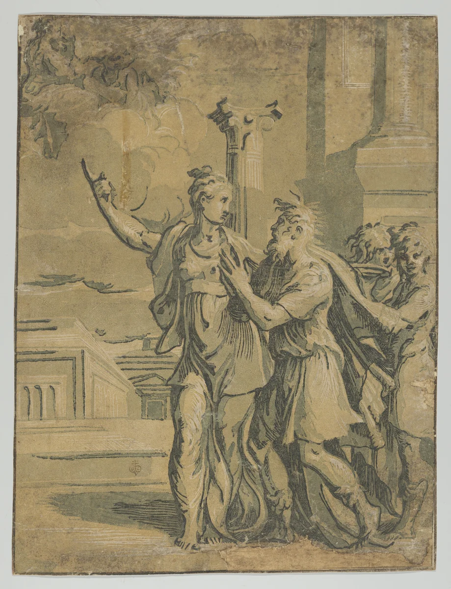 The Tirburtine Sibyl telling the Emperor Augustus of the coming in Christ, after Parmigianino by anonymous, print, 1530-1540