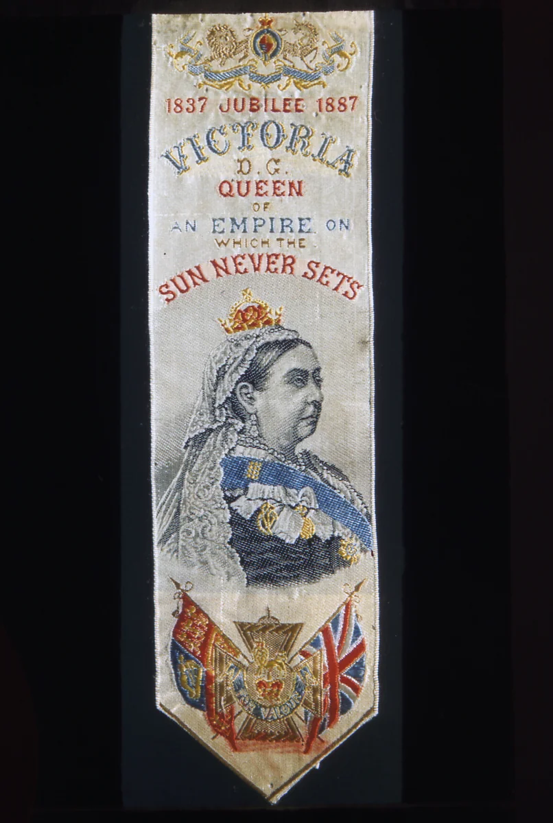 Commemorative Bookmark "1837-1887 Jubilee" by Thomas Stevens, textile, 1887