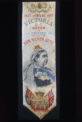 Commemorative Bookmark "1837-1887 Jubilee" by Thomas Stevens, textile, 1887