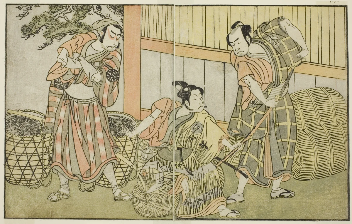 The Actors Kasaya Matakuro II as Hagun Taro (right), Ichikawa Monnosuke II as Izutsu no Suke Narihira (center), and Nakamura Nakazo I as Kose no Kanaoka Disguised as Sogoro the Charcoal Maker, in the Play Kuni no Hana Ono no Itsumoji, Performed at the Nakamura Theater in the Eleventh Month, 1771 by Katsukawa Shunsho (勝川 春章), print, 1767-1777