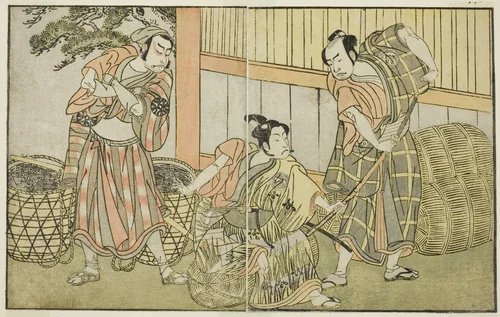 The Actors Kasaya Matakuro II as Hagun Taro (right), Ichikawa Monnosuke II as Izutsu no Suke Narihira (center), and Nakamura Nakazo I as Kose no Kanaoka Disguised as Sogoro the Charcoal Maker, in the Play Kuni no Hana Ono no Itsumoji, Performed at the Nakamura Theater in the Eleventh Month, 1771 by Katsukawa Shunsho (勝川 春章), print, 1767-1777