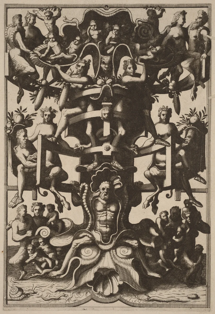 Man Sitting on an Auricular Mask, Supporting a Strapwork Frame on his Shoulders by Johannes van Doetechum
Lucas van Doetechum
Cornelis Floris II
Hieronymus Cock, print, 1557