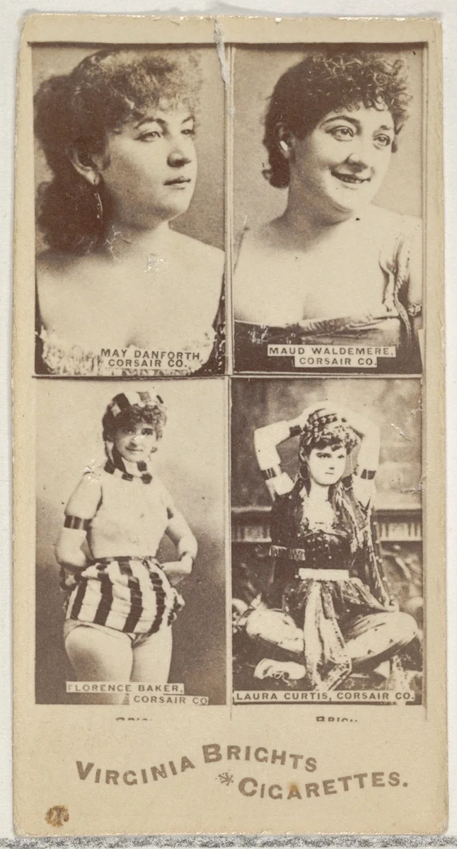 May Danforth, Corsair Co./ Maud Waldemere, Corsair Co./ Florence Baker, Corsair Co./ Laura Curtis, Corsair Co., from the Actors and Actresses series (N45, Type 4) for Virginia Brights Cigarettes by Allen & Ginter, photograph, 1885-1891