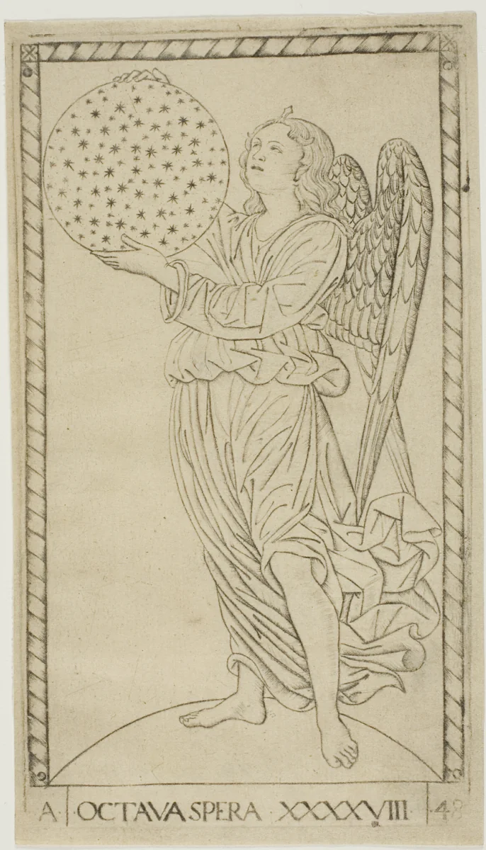 The Angel and the Eighth Sphere, plate 48 from Planets and Spheres by Master of the E-Series Tarocchi, print, 1460-1470