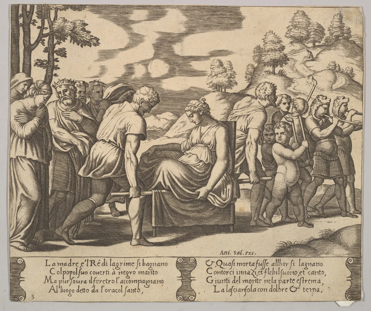 Plate 5: Psyche carried on a litter to a mountain, from "The Fable of Psyche" by Master of the Die, print, 1530-1560