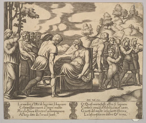 Plate 5: Psyche carried on a litter to a mountain, from "The Fable of Psyche" by Master of the Die, print, 1530-1560