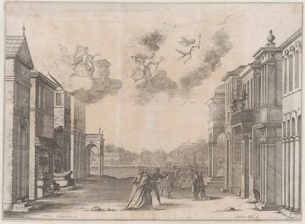 Figures gathered at a seaport as a ship arrives; set design from 'Il Fuoco Eterno' by Mathäus Küsel, print, 1674