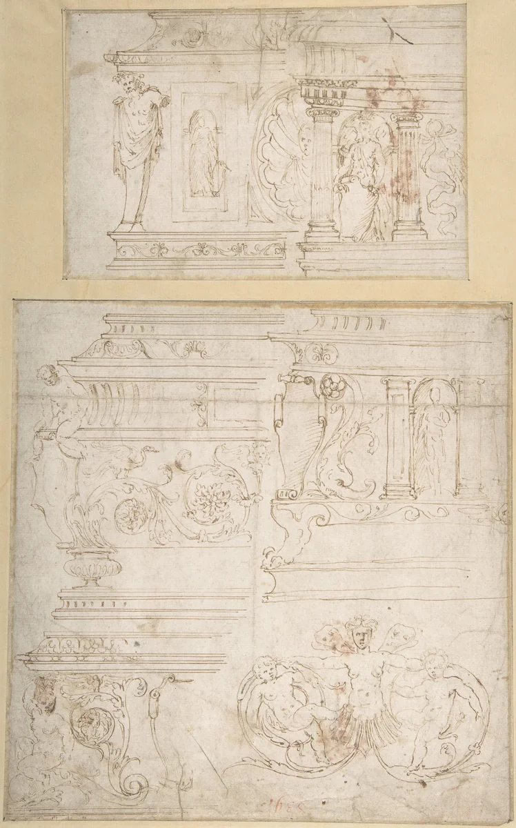 Sketches for the Design of a Casket (recto); Battle of the Centaurs and Lapiths(?) (verso) by Girolamo da Carpi, drawing, 1545-1555