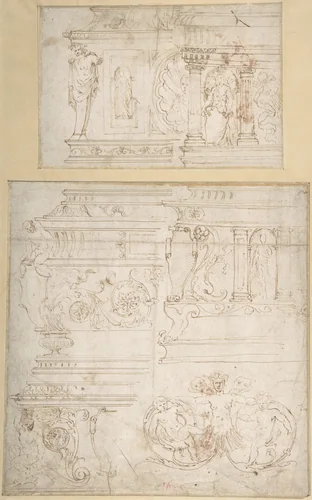 Sketches for the Design of a Casket (recto); Battle of the Centaurs and Lapiths(?) (verso) by Girolamo da Carpi, drawing, 1545-1555