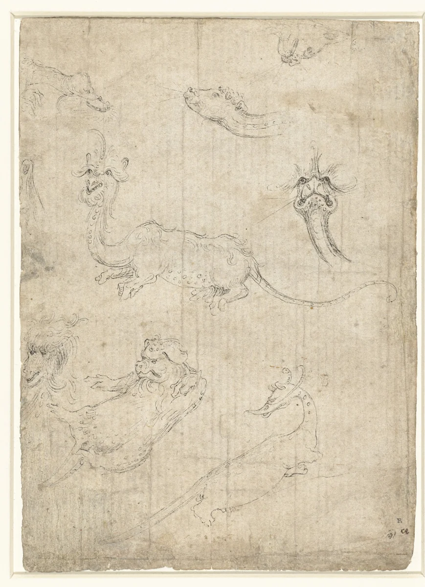 Blad met verscheidene monsters by anonymous, drawing, 1390-1410