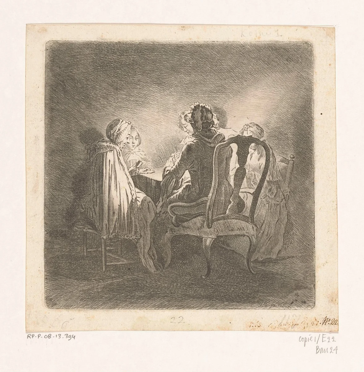 Vijf kaartspelende dames by anonymous, print, 1762