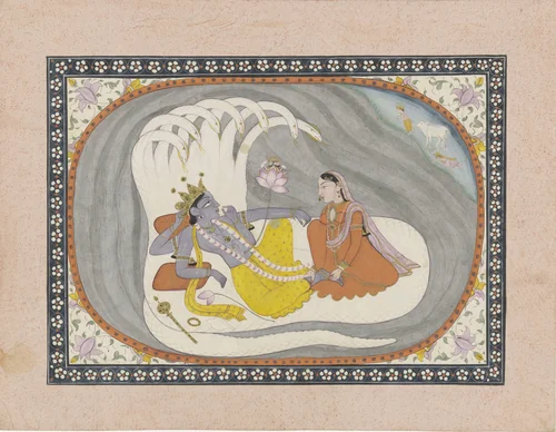 Vishnu ligt op de slang Ananta, Bhumi zit voor hem by anonymous, drawing, 1830-1850