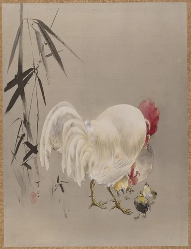 Rooster and Hen with Chicks by Watanabe Seitei (渡辺省亭), painting, 1877-1897