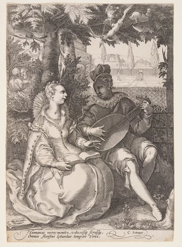 Spring (Music-Making Couple), from The Four Seasons by Jan Saenredam, print, 1595