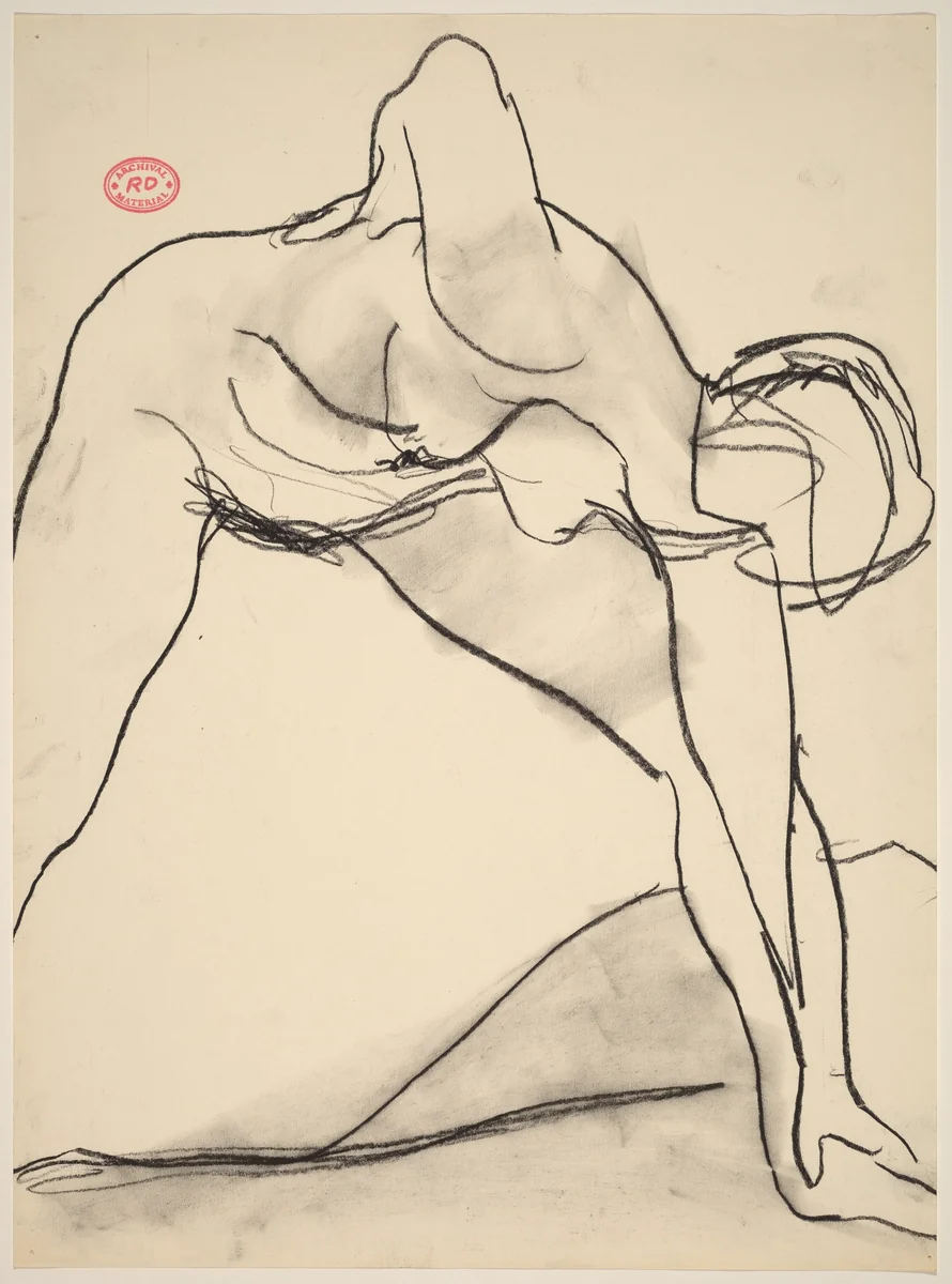 Untitled [female nude reaching down with left hand to grasp her foot] by Richard Diebenkorn, drawing, 1955-1967