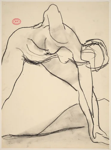 Untitled [female nude reaching down with left hand to grasp her foot] by Richard Diebenkorn, drawing, 1955-1967