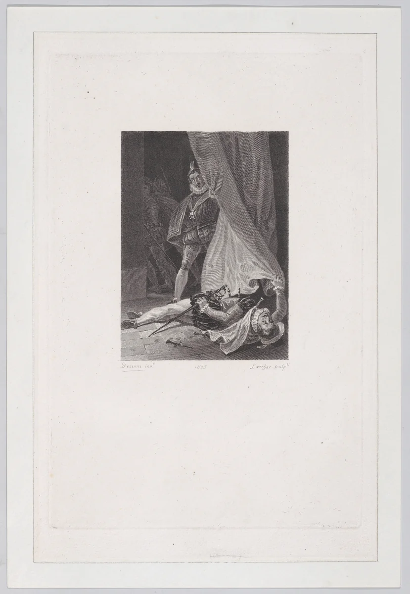 Man discovering a murdered companion by Jean Pierre Larcher, print, 1825