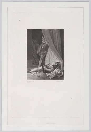 Man discovering a murdered companion by Jean Pierre Larcher, print, 1825