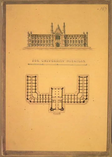 Design for University of Michigan (elevation and plan) by Alexander Jackson Davis, drawing, 1833-1843
