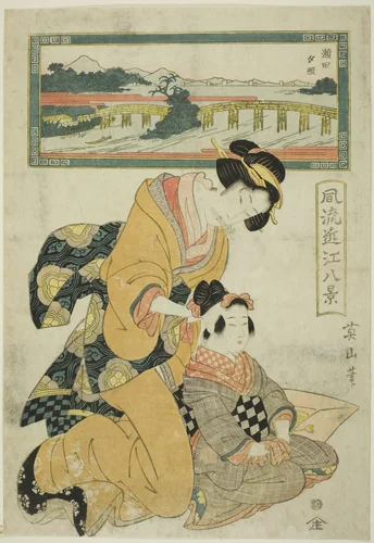 Evening Glow at Seta (Seta sekisho), from the series "Fashionable Eight Views of Omi (Furyu Omi hakkei)" by Kikukawa Eizan, print, 1809-1822
