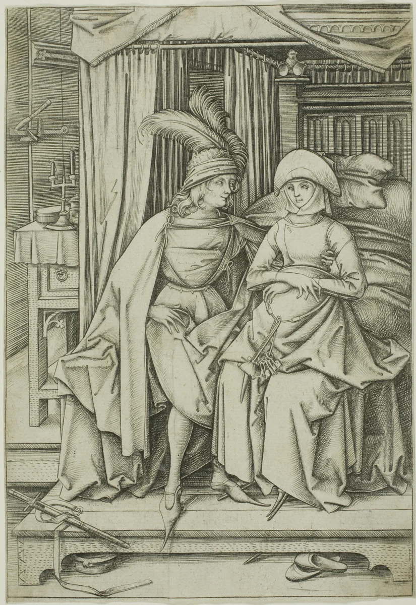 A Man and Woman Seated on a Bed by Israhel van Meckenem, print, 1495-1503