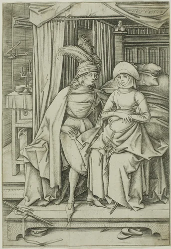 A Man and Woman Seated on a Bed by Israhel van Meckenem, print, 1495-1503