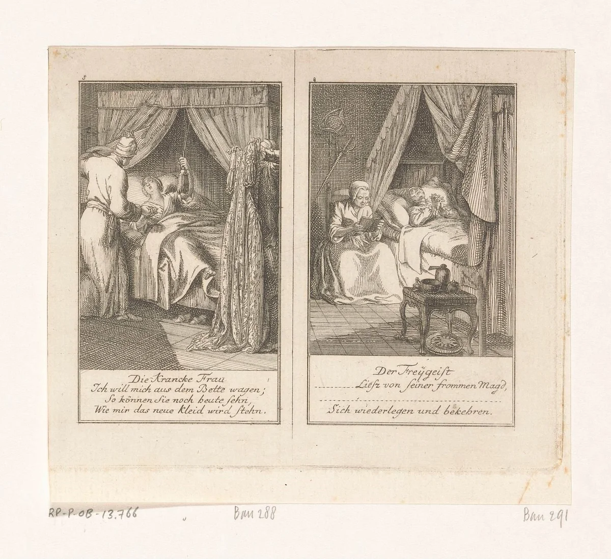Twee scènes uit Gellert's Fabelen by Daniel Nikolaus Chodowiecki, print, 1776
