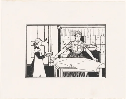 Vrouw en meisje dekken een tafel by Julie de Graag, print, 1887-1924