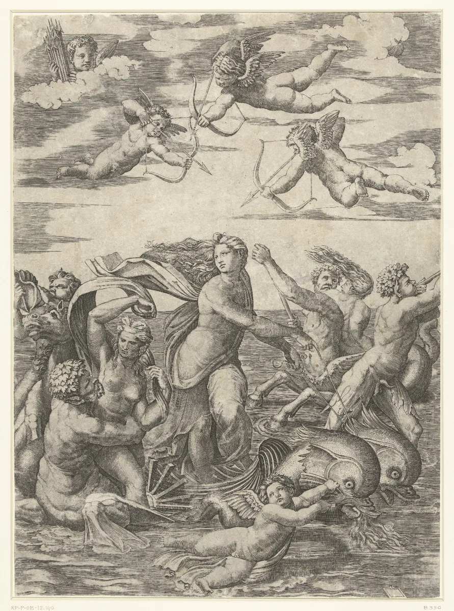 Triomf van Galatea met tritons en nereïden en putti by Unknown, print, 1515-1516