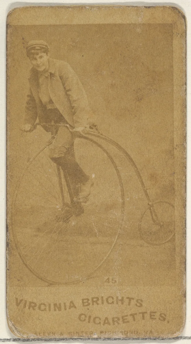 Card 45, from the Girl Cyclists series (N49) for Virginia Brights Cigarettes by Allen & Ginter, photograph, 1887