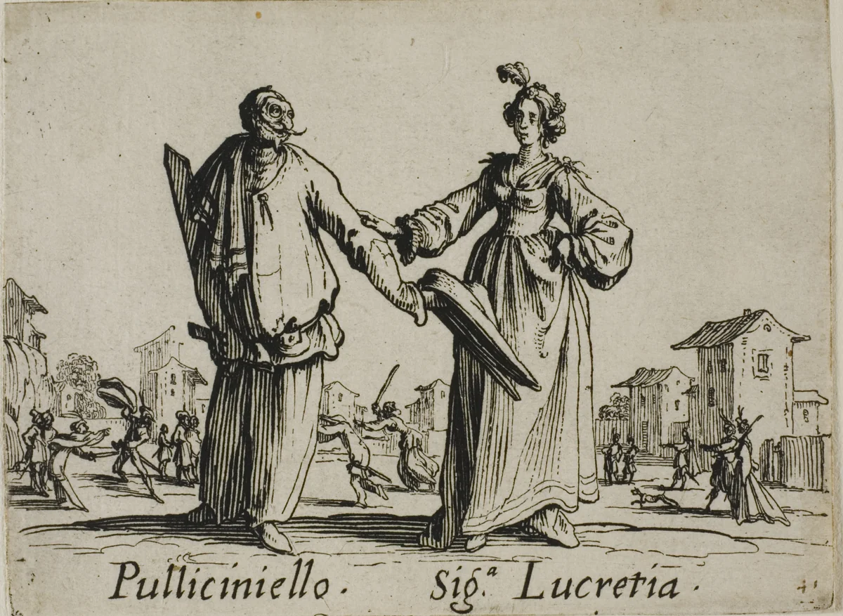 Pulliciniello - Signora Lucretia, plate 9 from Balli di Sfessania by Jacques Callot, print, 1617-1627
