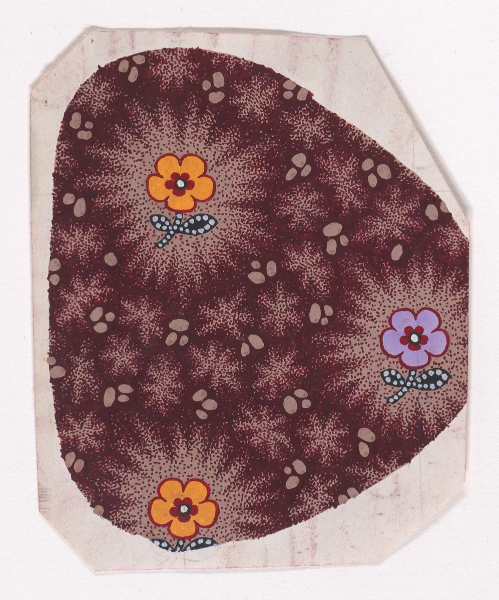 Textile Design of Alternating Vertical Rows of Stylized Flowers on Stems with Two Leaves Decorated with Pearls over a Stippled Background with Star-Like Shapes and Egg-Shapes by anonymous, drawing, 1840
