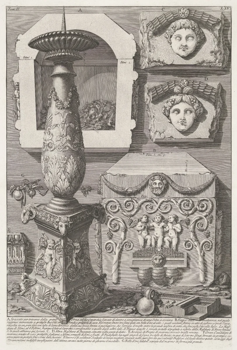 Sarcofaag van Constantina en kandelaar by Giovanni Battista Piranesi, print, 1756-1757