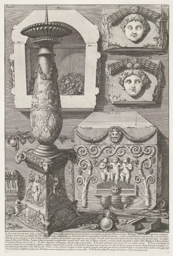 Sarcofaag van Constantina en kandelaar by Giovanni Battista Piranesi, print, 1756-1757