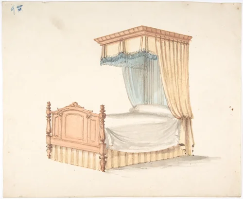 Design for a Bed with Yellow and Blue Fringed Hangings by anonymous, drawing, 1800-1850
