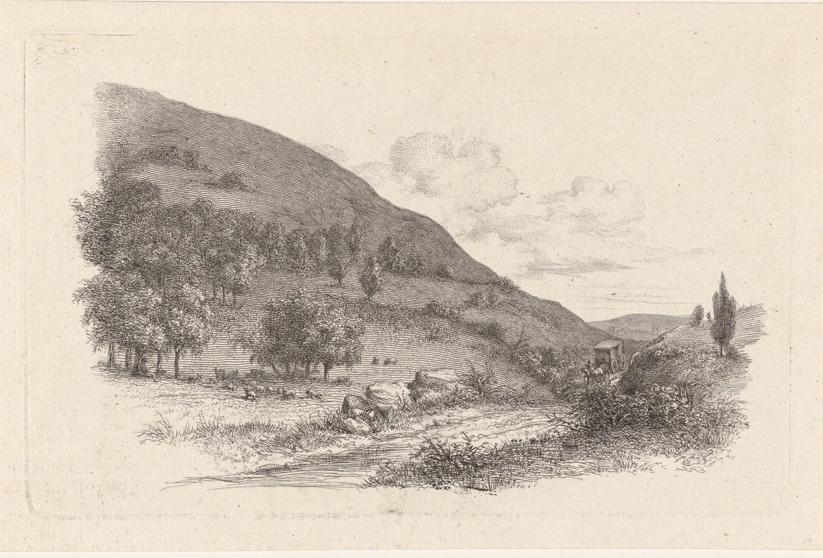 Rijtuig in een landschap by Jacob Ernst Marcus, print, 1815